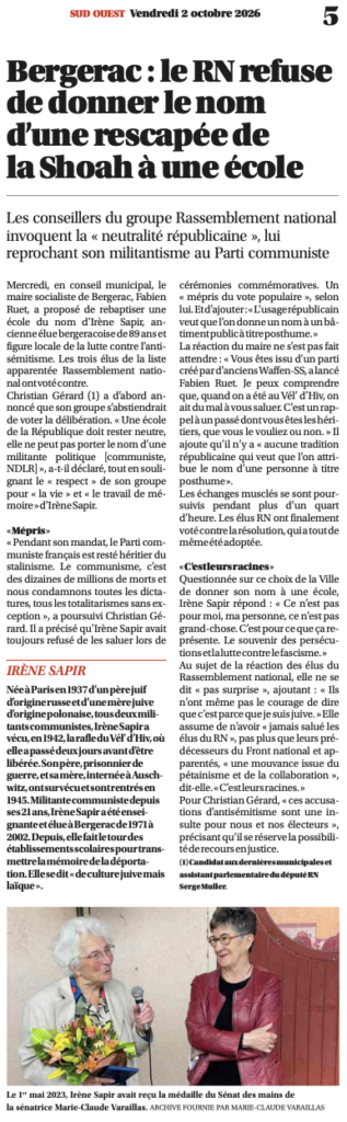 Article dans l'édition de la Dordogne du journal Sud-Ouest du 2 octobre 2026 :